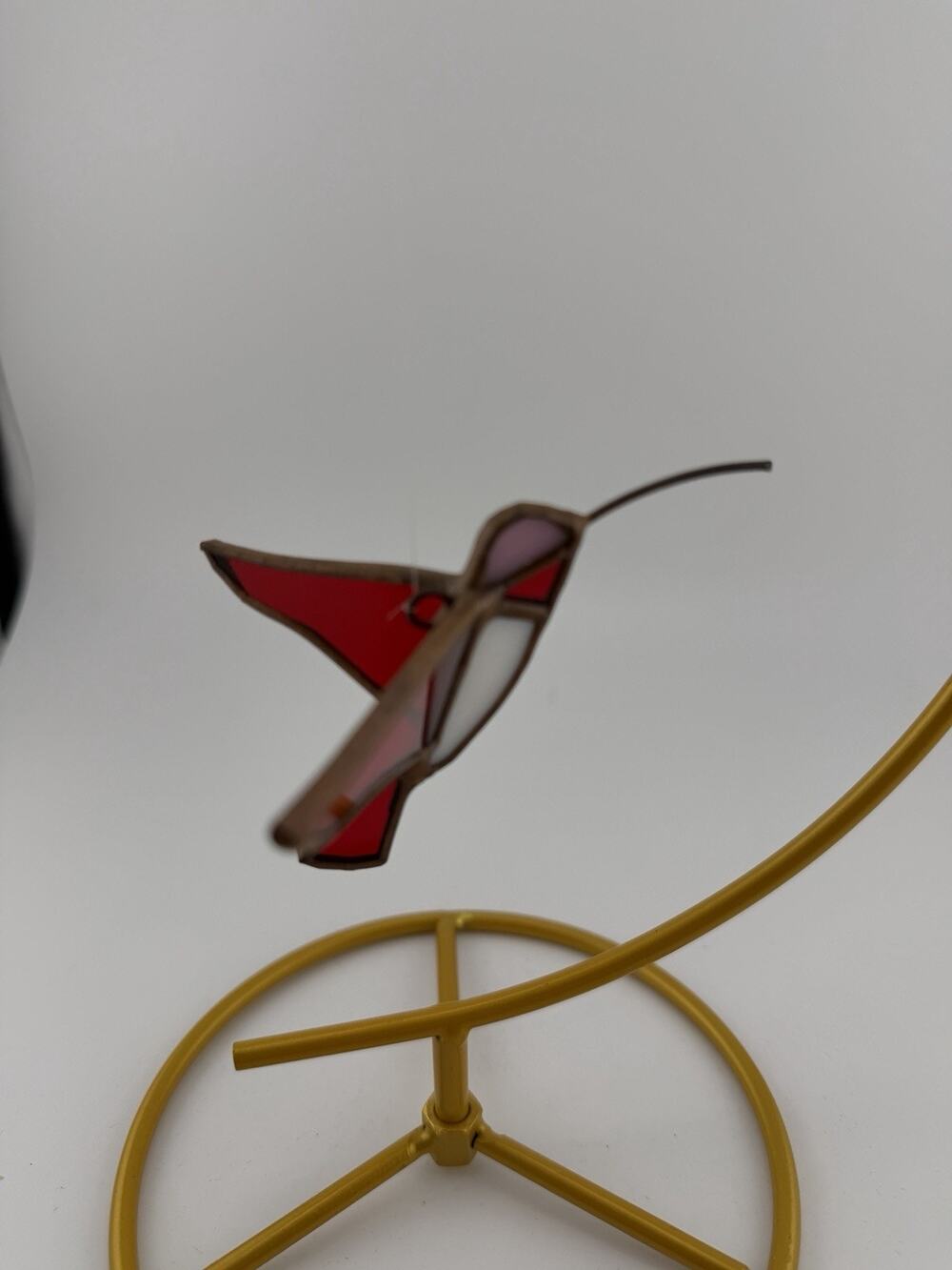 Handmade Stained Glass Hummingbird Ornament Red White 3 Inches